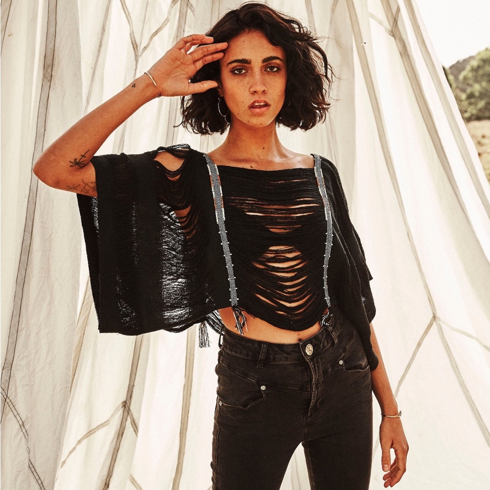 WAVE TOP by thewhiteravennest - black raw silk tribal boho crop top